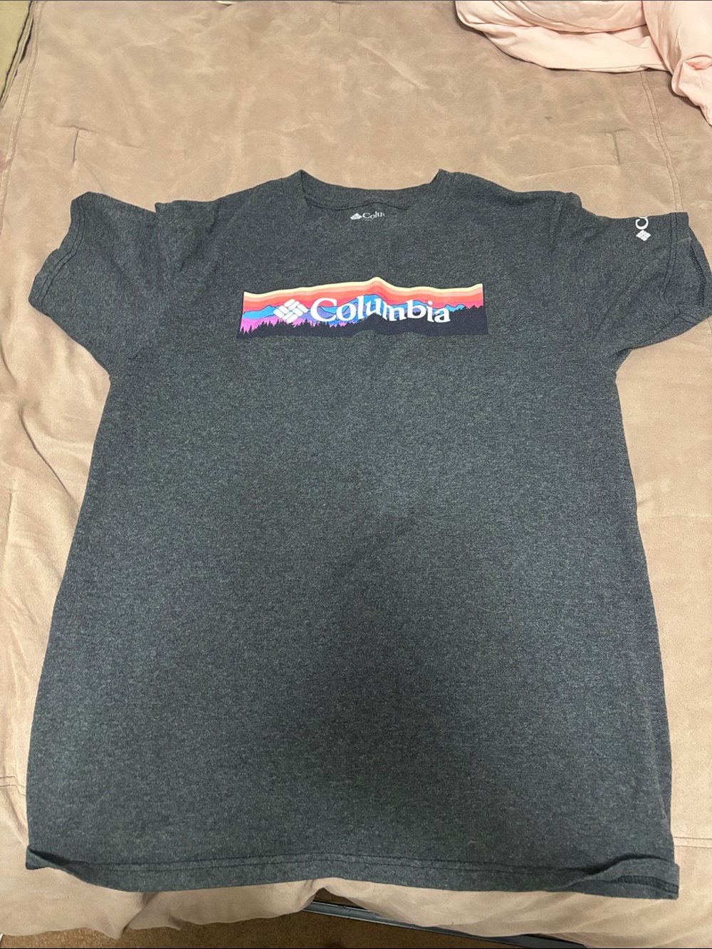 Columbia Dark Gray Short Sleeve Logo Tee with Rainbow Graphic